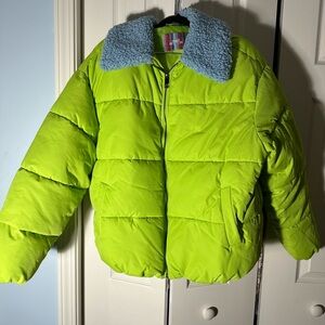 Urban Outfitters Lime Green Puffer Jacket with Blue Collar